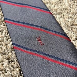 YSL Yves Saint Laurent gray Red Logo Tie